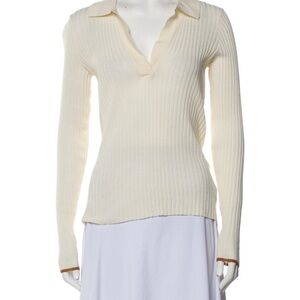 Ribbed V-Neck Collared Sweater